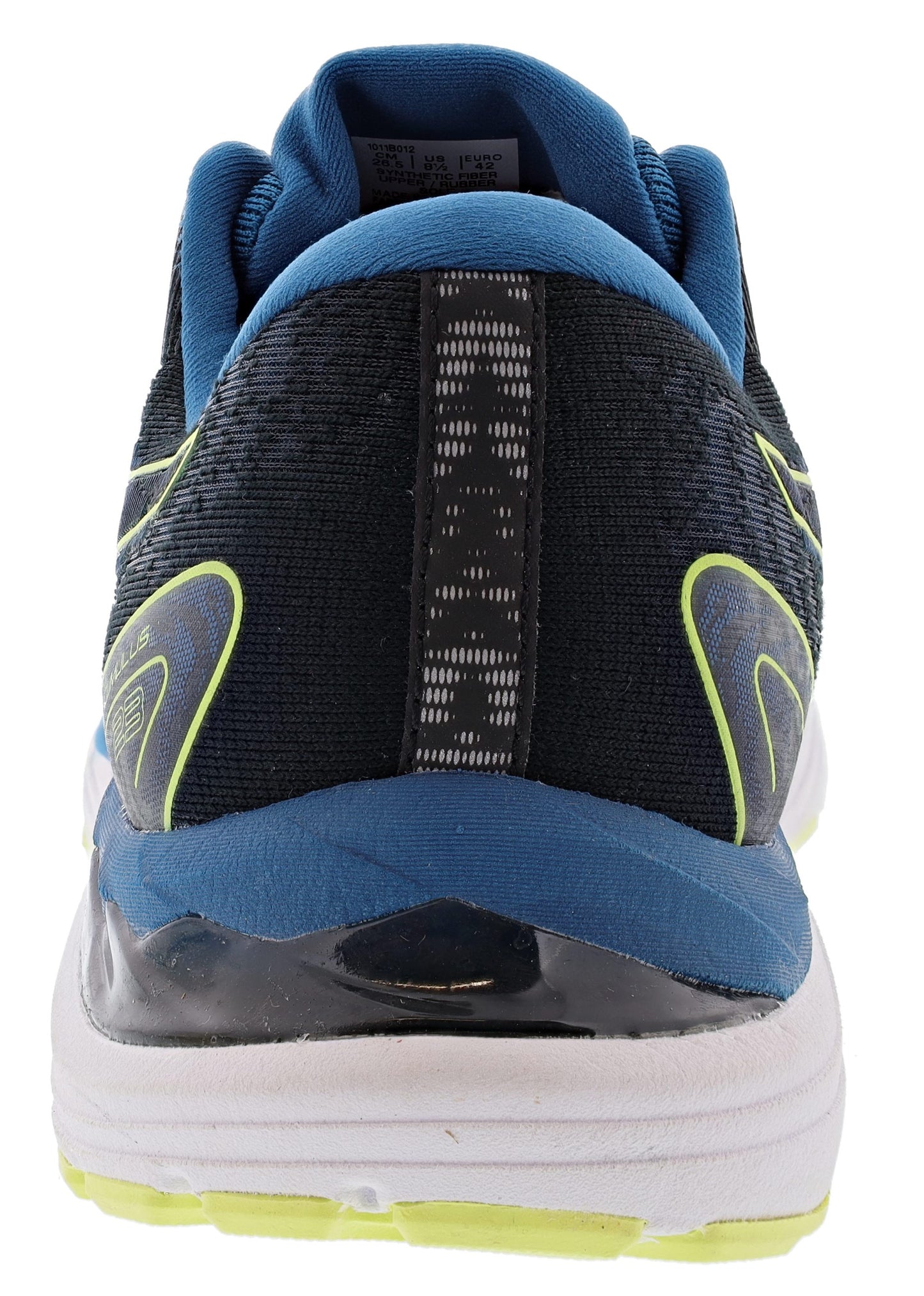 
                  
                    Back of Black/Glow Yellow ASICS Men's Gel Cumulus 23 Cushioned Running Shoes
                  
                